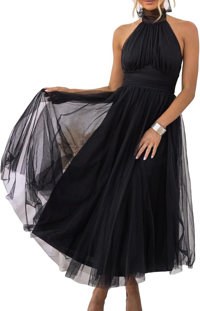 Women Sexy Backless Tulle Party Long Maxi Dress Tie Halter Neck Lace Up Bridesmaid Formal Prom Go... | Amazon (US)