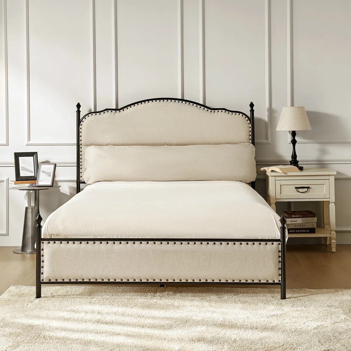 Alaja Upholstered Platform Metal Four Poster Bed with Bolster Pillow | Wayfair North America