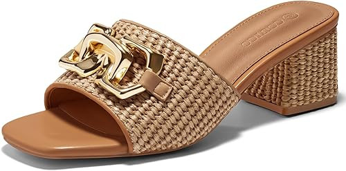 Coutgo Womens Raffia Slide Sandals Chunky Block Heeled Square Open Toe Metal Chain Slip on Mules ... | Amazon (US)