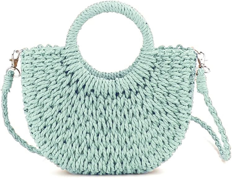 QTKJ Mini Semi-circle Rattan Straw Bag, Hand-woven Women Summer Retro Beach Tote Shoulder Bag Cro... | Amazon (US)