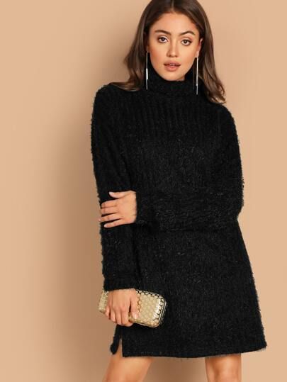 SHEIN Split Hem Fluffy Knit Sweater Dress | SHEIN