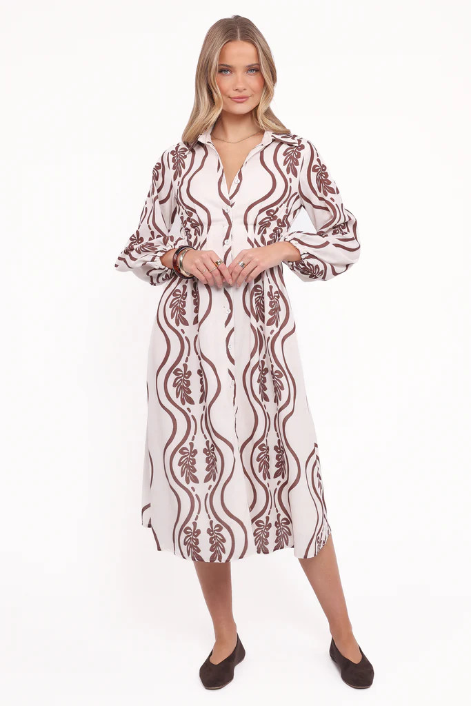 Lira Long Sleeve Midi Dress - Brown Print | Petal & Pup (US)