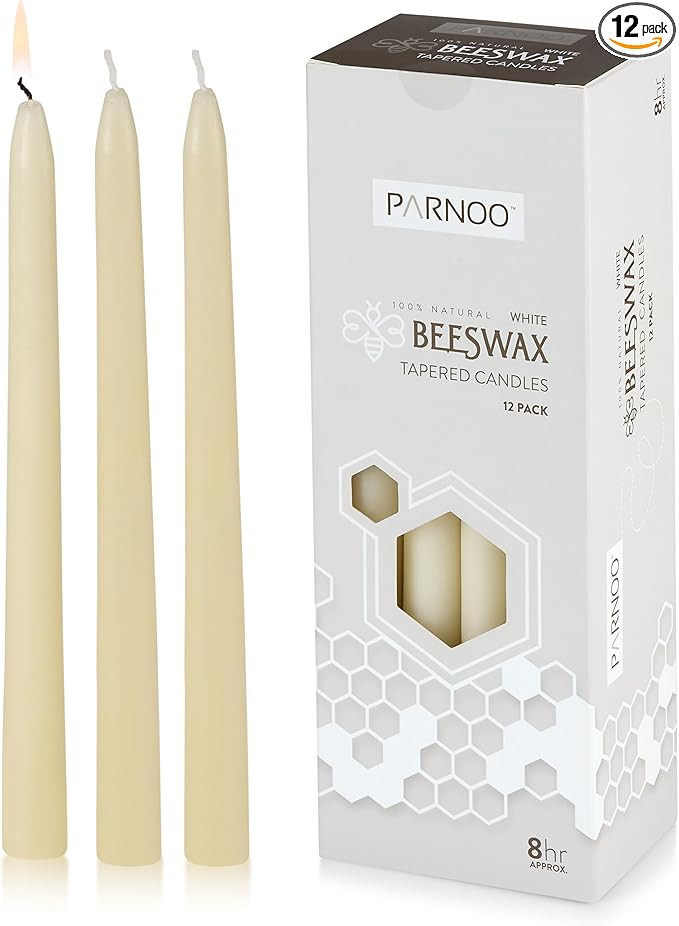PARNOO 100% Natural White Beeswax 10 Inch Tall Tapered Candles, 8 Hours Burn time - Pack of 12 (D... | Amazon (US)