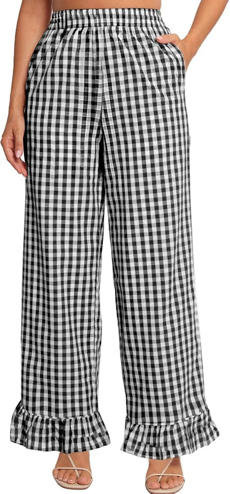COZYPOIN Women's Gingham Pants Cotton Plaid Ruffle Hem Lounge Boxer Pant Y2K Pj Bottoms Casual Wi... | Amazon (US)