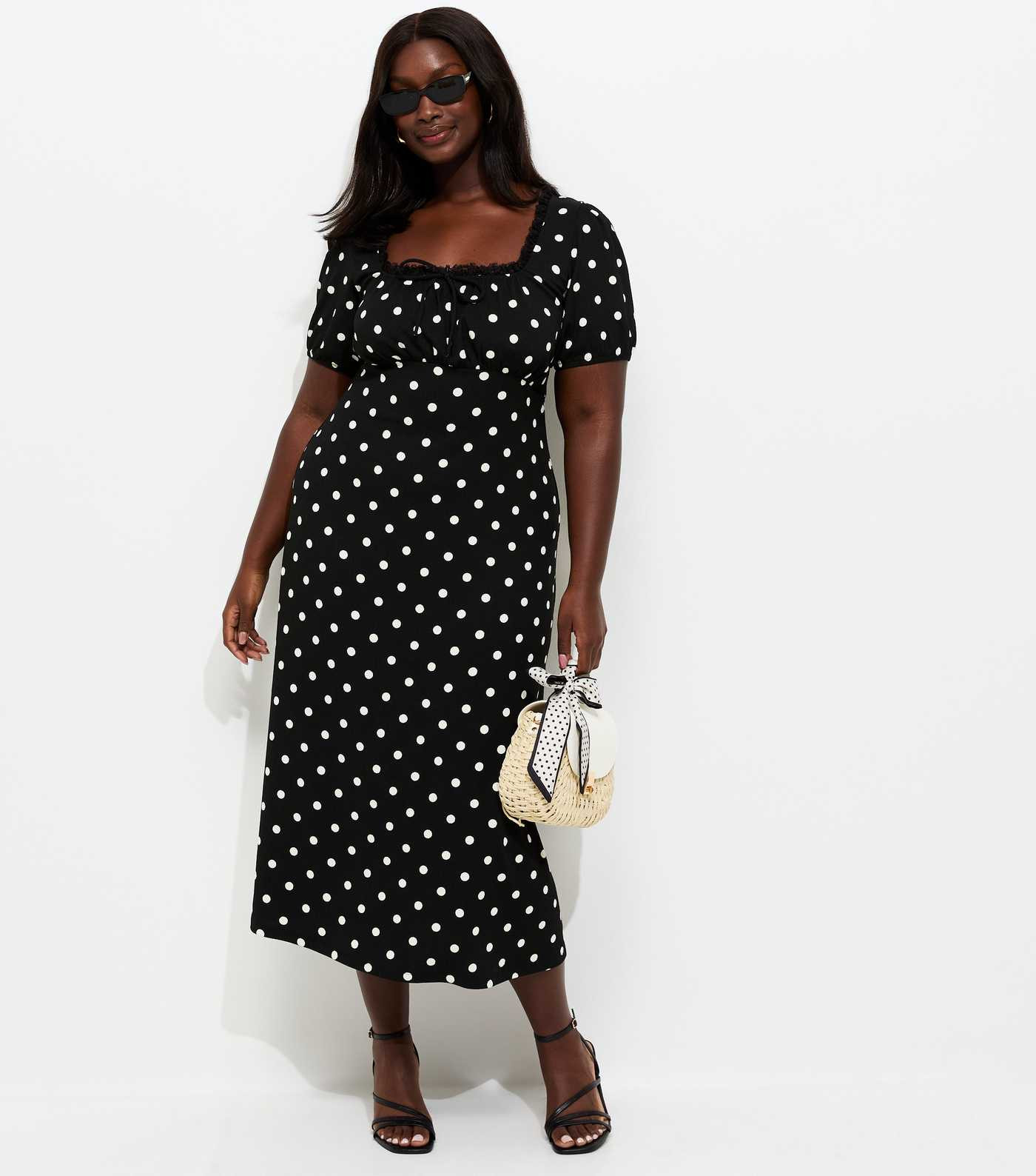 Curves Black Spot Print Milkmaid Midi Dress | New Look | New Look (UK)