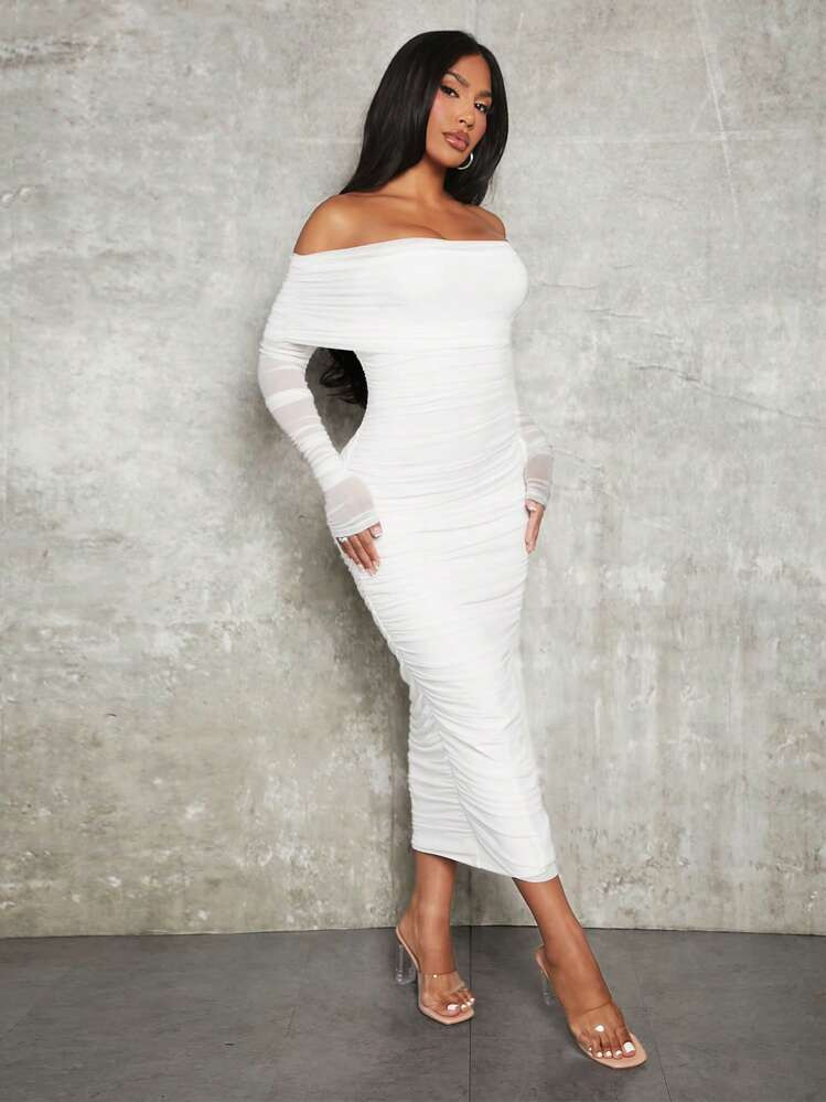SHEIN SXY Spring And Summer Elegant White Long-Sleeved Off-Shoulder Pleated Mesh Bodycon Dress | SHEIN