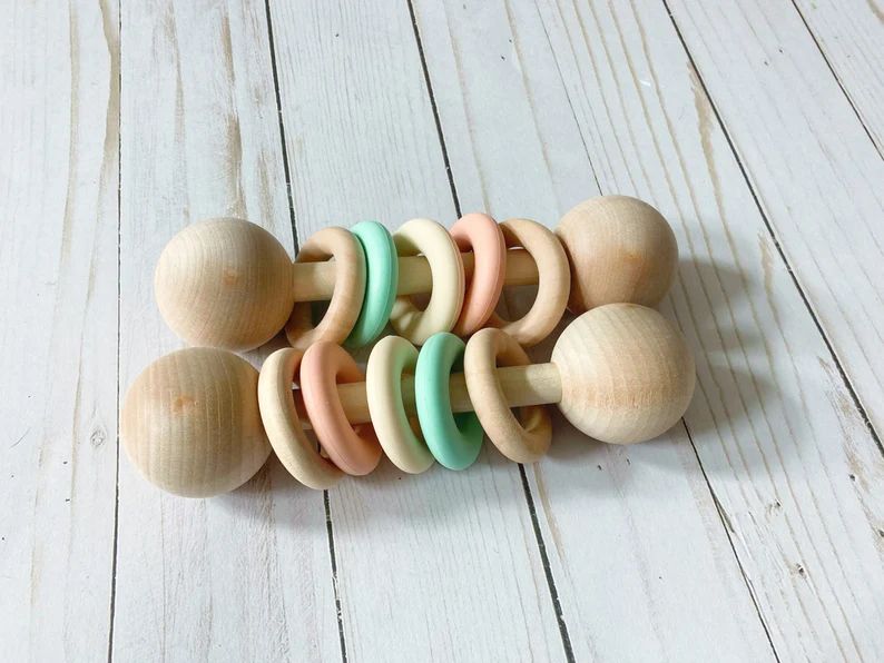 Gender Neutral Wooden Rattle With Silicone Rings Baby Rattle | Etsy | Etsy (US)