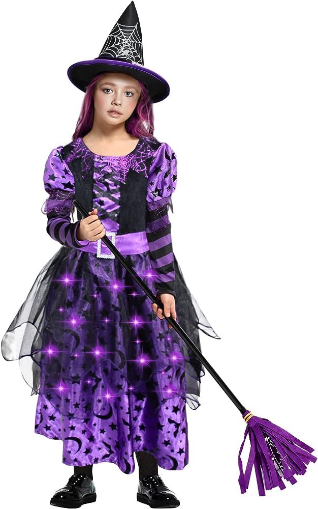 Usview Light Up Halloween Witch Costume for Girls - Purple and Black Wicked Witch Cute Princess C... | Amazon (US)