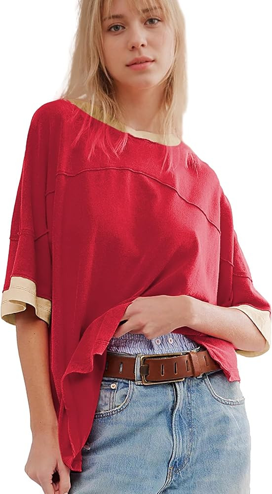 Hixiaohe Women Summer Tops Short Sleeve Color Block Shirt Oversized Tshirts Casual Loose Tee Shir... | Amazon (US)