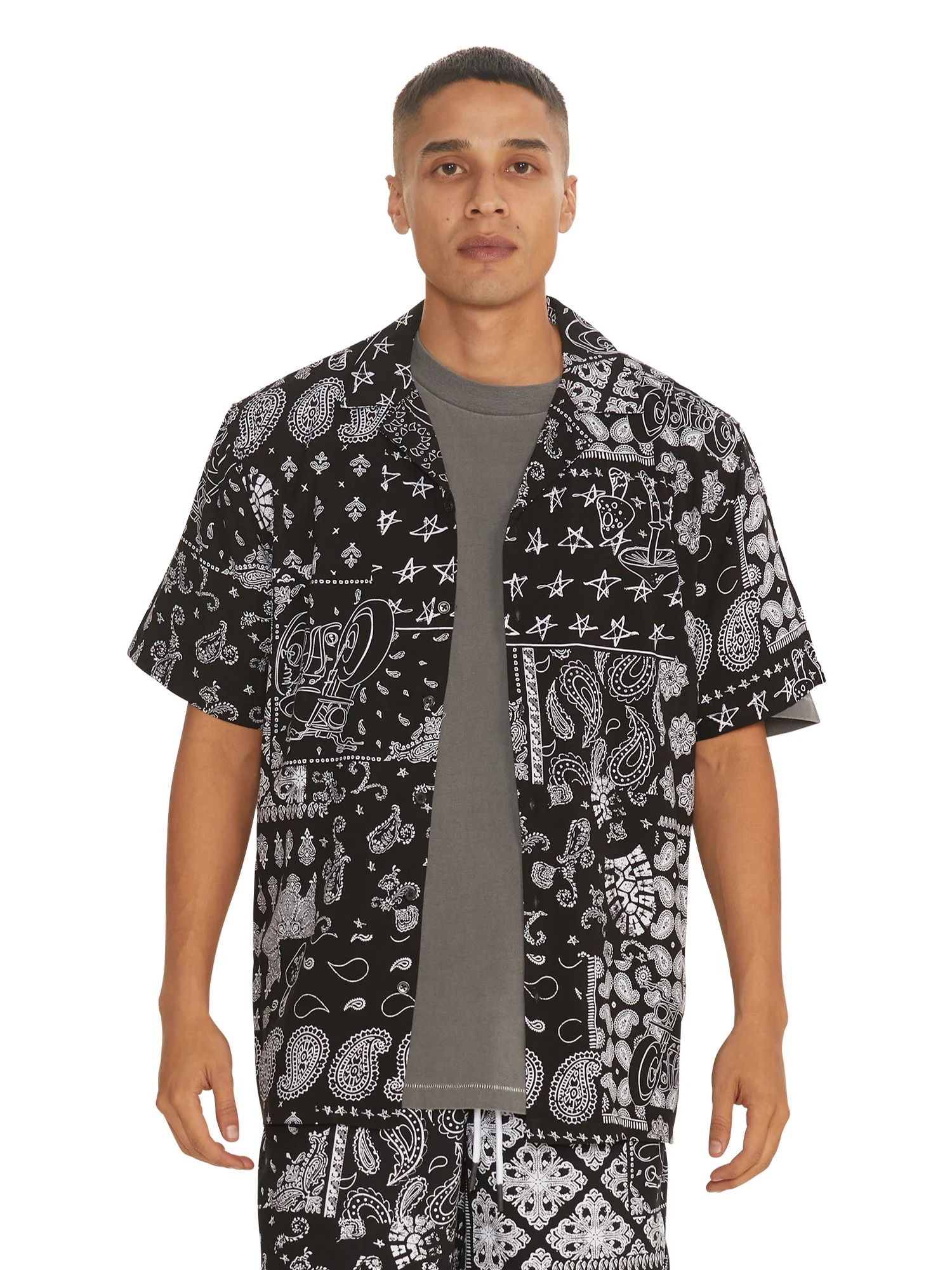 No Boundaries Men's Print Button Up Shirt with Short Sleeves, Sizes XS-3XL | Walmart (US)
