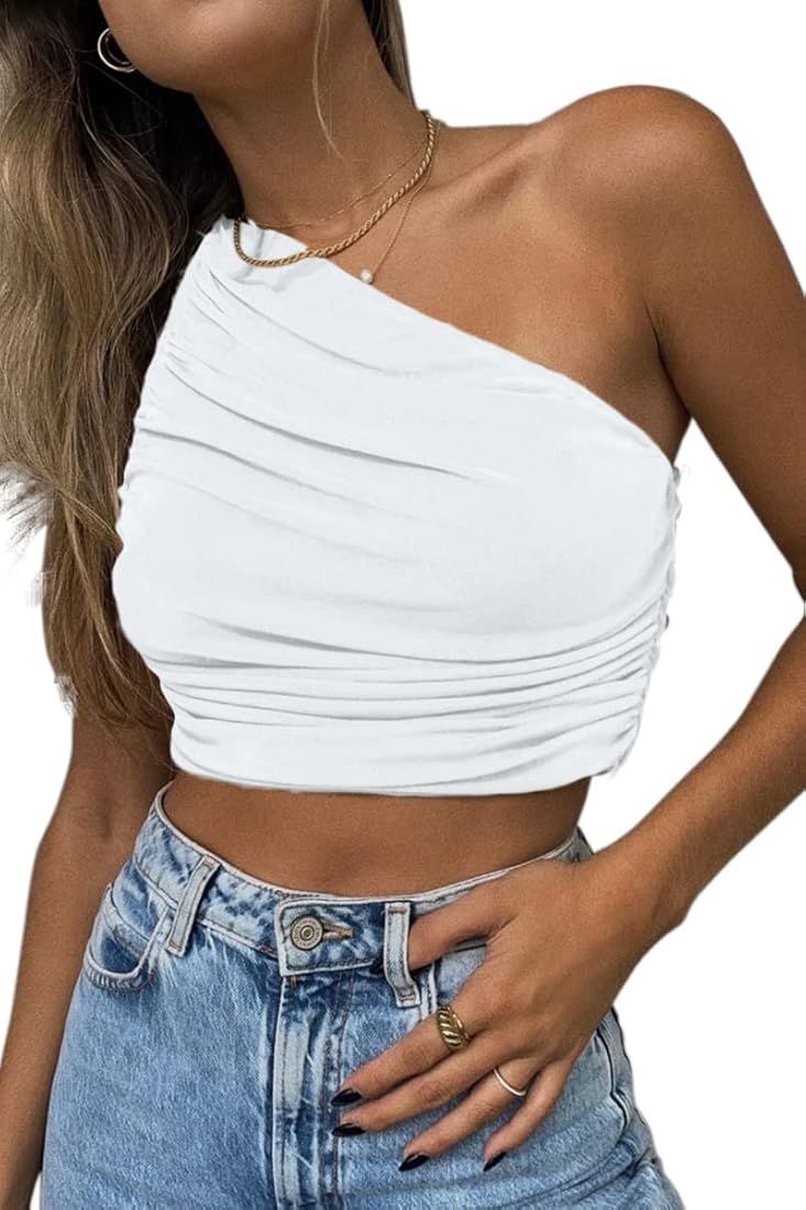 CHYRII Women's Sexy Sparkly One Shoulder Crop Tops Sleeveless Ruched Tank Tops | Amazon (US)