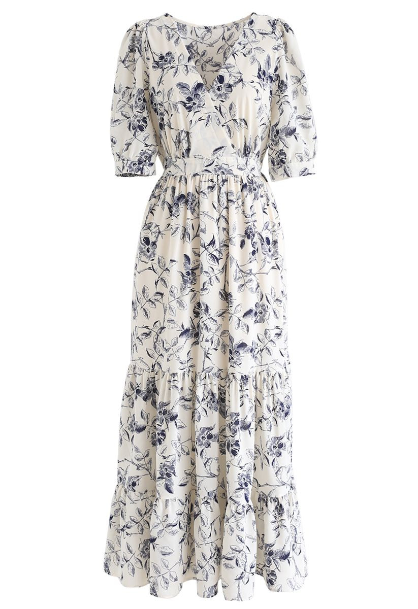 Navy Floral Frilling Wrapped Dress | Chicwish
