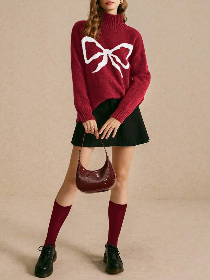 Poéselle Must-Have Fall Winter Cozy Chic Women's Turtleneck Sweater With Elegant Bow Jacquard De... | SHEIN