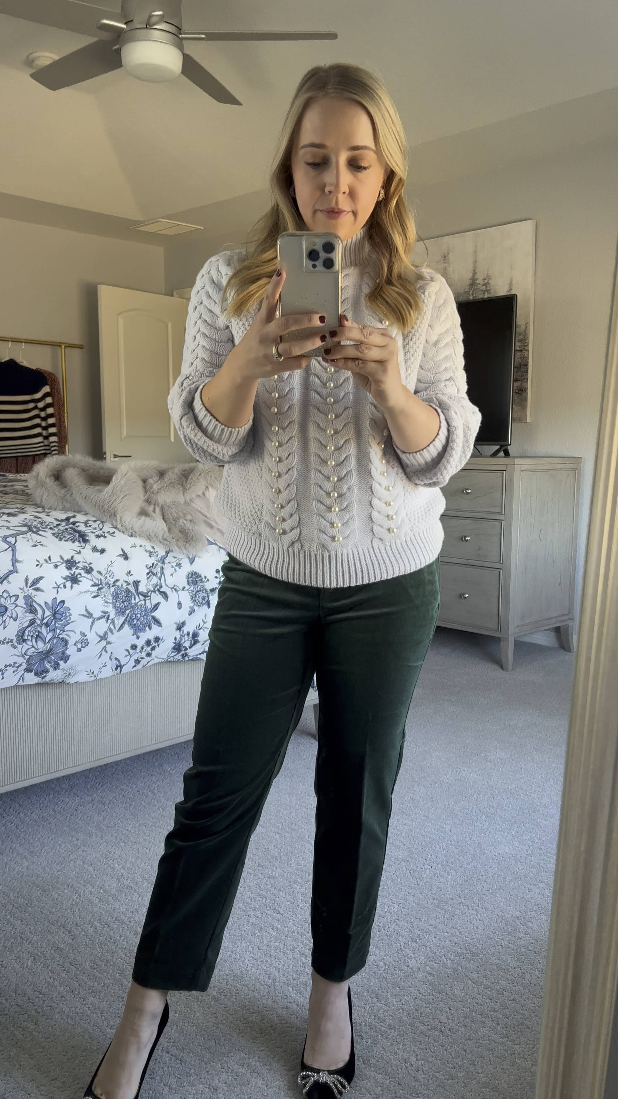 Love these petite velvet pants. Wearing 4 petite. Fits true to size. Pearl sweater is small petite and fits true to size. Both sweater and pants are 40% off. Holiday outfit. Petite. Petite outfit. Holiday party. Petite pants. Cable sweater. 

#LTKHoliday #LTKsalealert