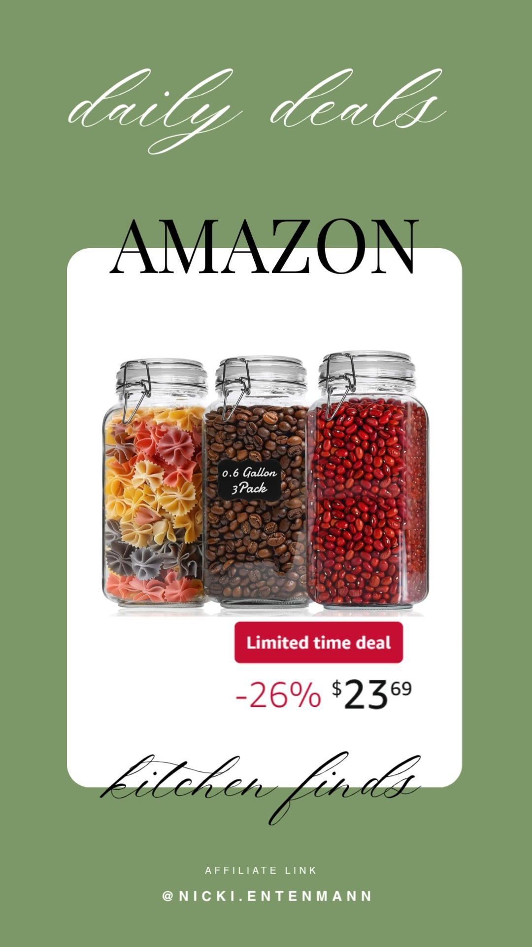 Airtight glass jars with bamboo lids keep your pantry fresh and your shelves looking cute. Organize snacks, spices, or coffee with style and zero spills 🫙✨🌿

#airtightjars #glassjars #kitchenstorage #pantryorganization #homedecor #storageideas #bamboolids #containerstyle #homefinds #organizationgoals 

 #LTKdayinmylife #LTKHome #LTKSaleAlert