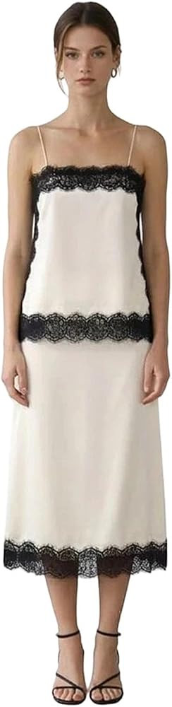 Women's Solid Color Lace Tops Back Zipper Slit Midi Skirt Set | Amazon (US)