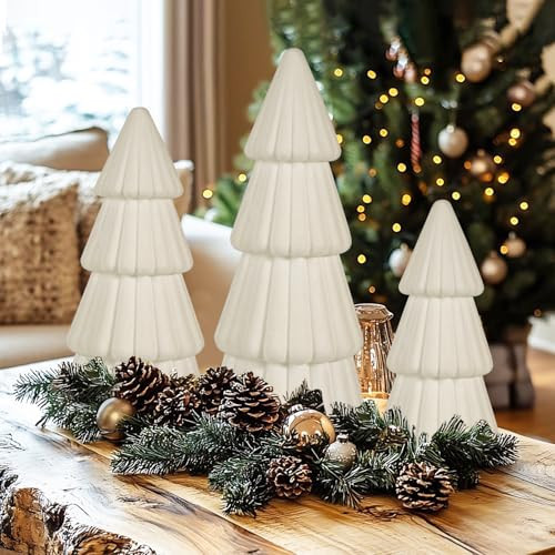 Artmag 3 Pcs Velvet Christmas Tree Decorations Assorted Sizes Modern Cone Artificial Trees for Christmas Decor Winter Holiday Entryway Tabletop Centerpiece (Beige) | Amazon (US)