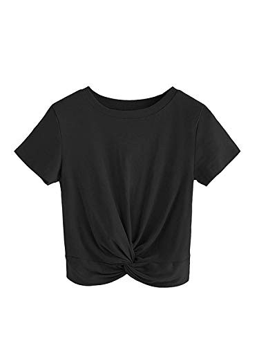MakeMeChic Women's Summer Crop Top Solid Short Sleeve Twist Front Tee T-Shirt Black S | Amazon (US)