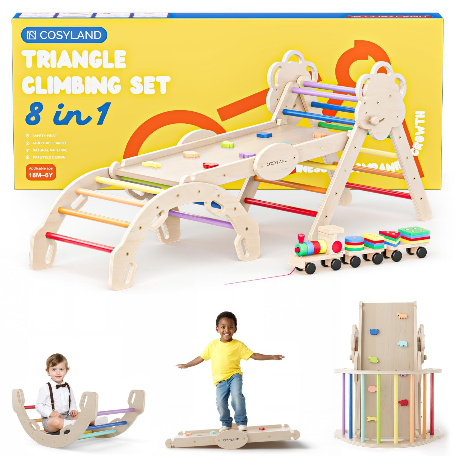COSYLAND Pikler Triangle Set 8 in 1 - Adjustable 3-Level Montessori Climbing Toys for Toddlers 18... | Amazon (US)