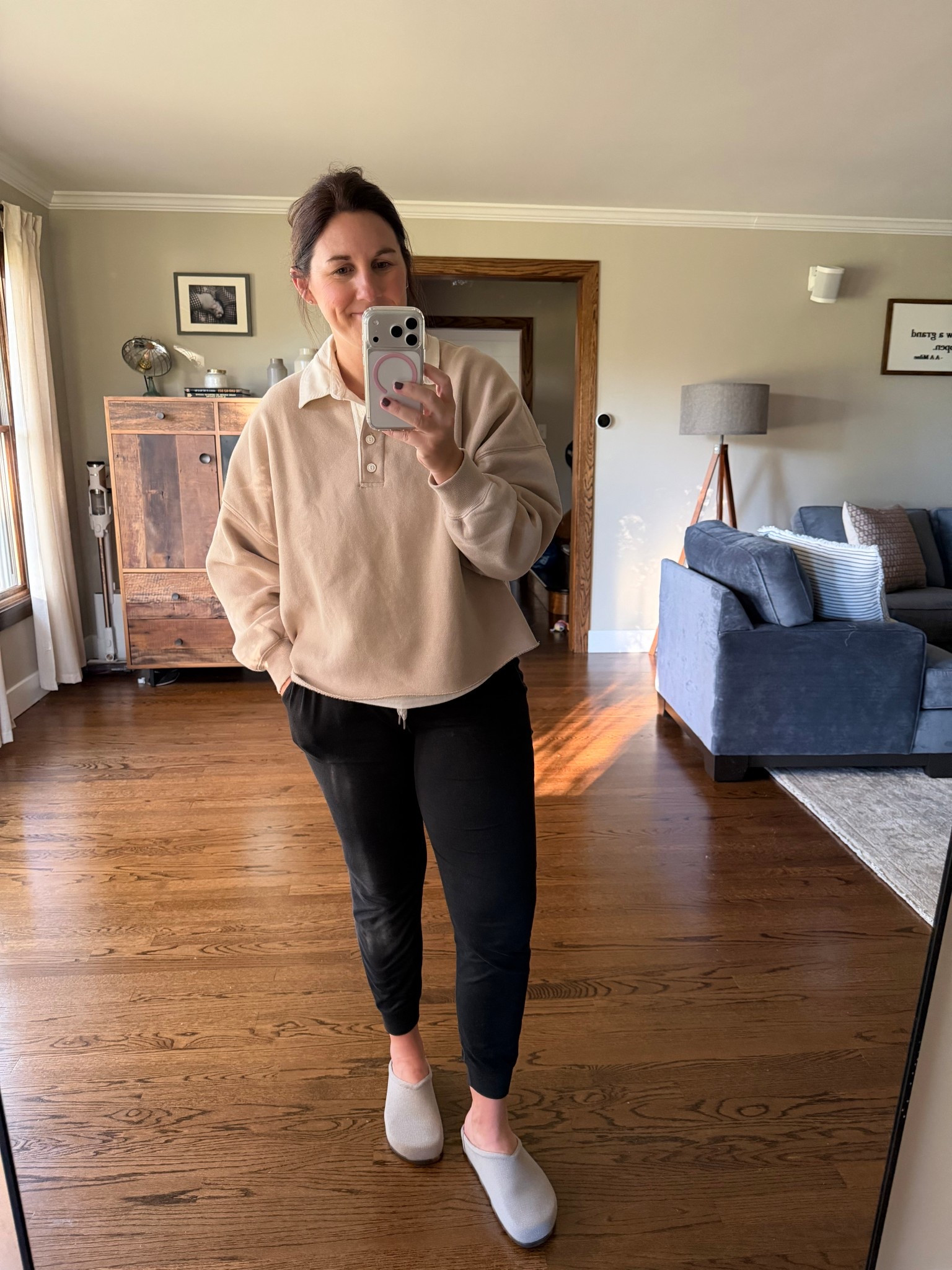 Love a collared sweatshirt, and the rolled hem gives a little extra detail. Wearing a L in the sweatshirt, M in the joggers, and 8 in the clogs 

#LTKSeasonal #LTKActive #LTKFindsUnder100
