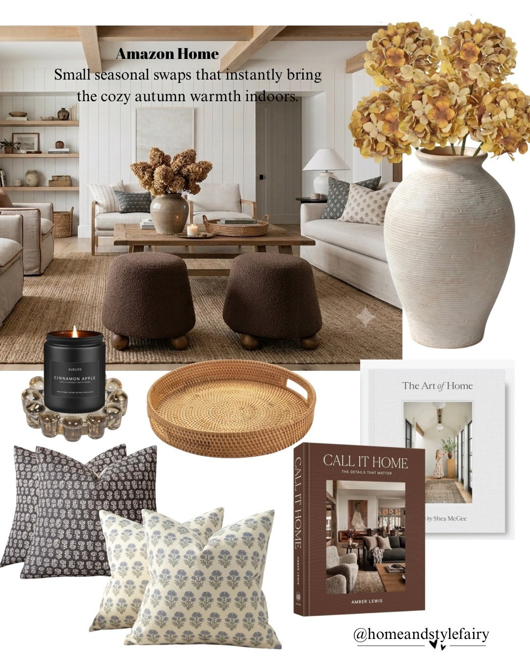 Texture is everything this season, and these rich chocolate ottomans, warm patterned textiles, and earthy styling accessories make it effortless to elevate your space with that signature Studio McGee aesthetic.

Cozy autumn home refresh, Warm earthy color palette, Fall living room styling, Layered textures home decor, Transitioning decor for autumn, Chocolate brown bouclé ottoman, Textured stool with wood ball feet
Block-print throw pillows, Woven rattan coffee table tray, Amber Interiors style pillows, Terracotta statement vase, Faux autumn hydrangea stems, Aesthetic coffee table books

#fallhome #falldecor #fallstyling #autumnvibes #cozyhome #cozydecor #seasonaldecor #warmtones #interiordecortips #cozylivingroom
#homefinds #targetfinds #amazonhome #homedecorideas #livingroomdecor #livingroominspo #budgetluxury #interiordesignideas #productroundup