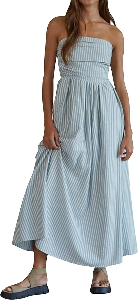 Women Striped Strapless Maxi Dress Summer Casual Sleeveless Flowy Tube Long Dress with Pocket | Amazon (US)