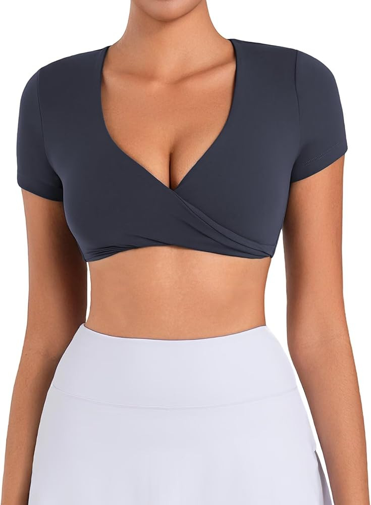 Sunzel Women's Short Sleeve Workout Tops Twist Front Deep V Crop Top Quick Dry Compression Shirts... | Amazon (US)