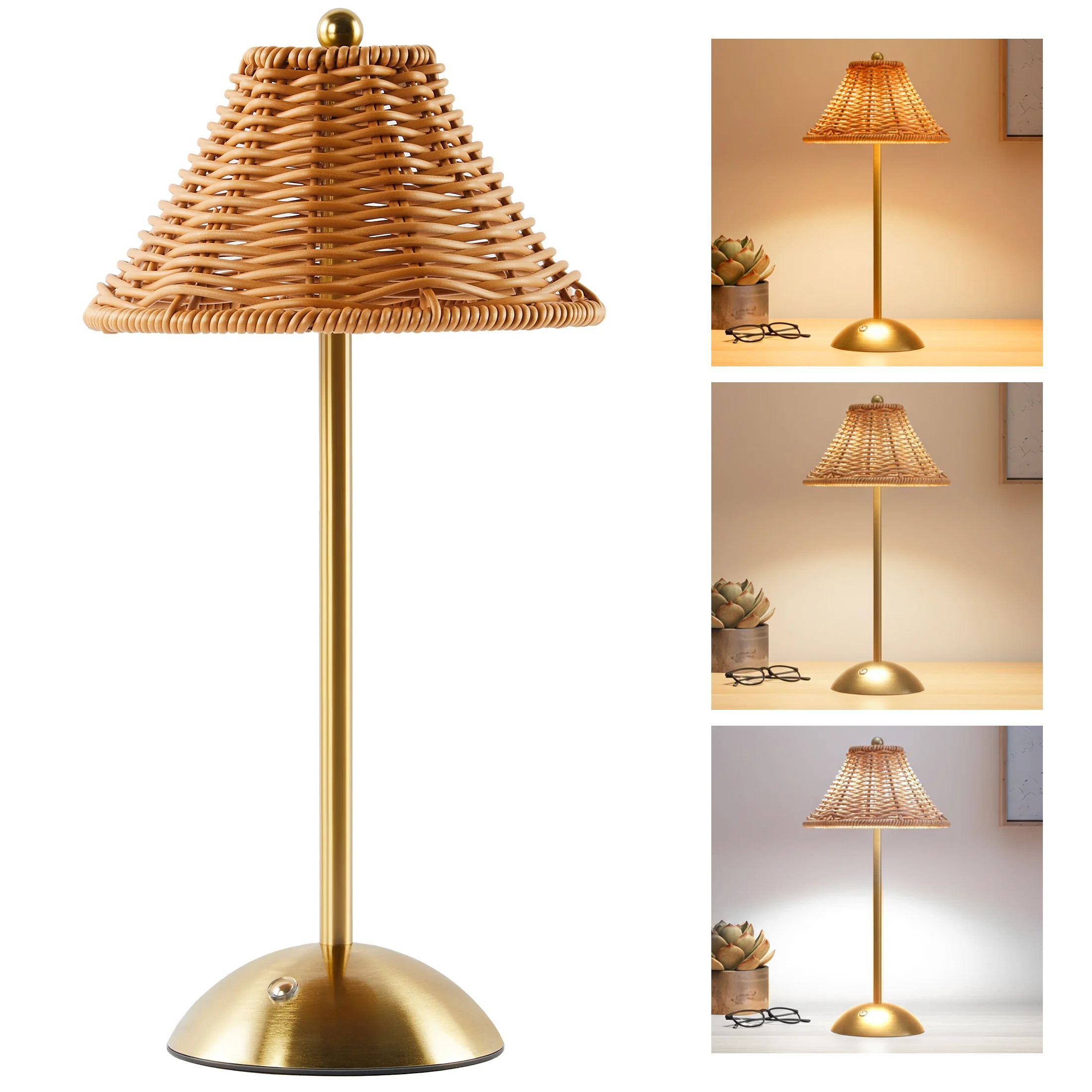LOFTER-Pro Table Lamps for Bedroom, Home Cordless Indoor Faux Boho Rattan and Gold Colored Desk L... | Walmart (US)