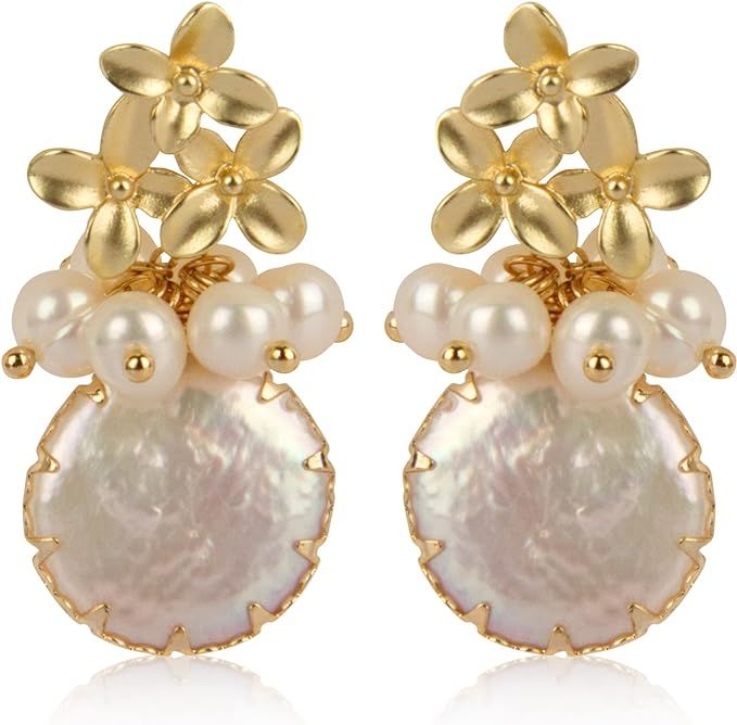 ELEXIS 18k Gold Big Baroque Pearl Earrings For Women Dangle Handmade Trendy Wedding White Real Fr... | Amazon (US)