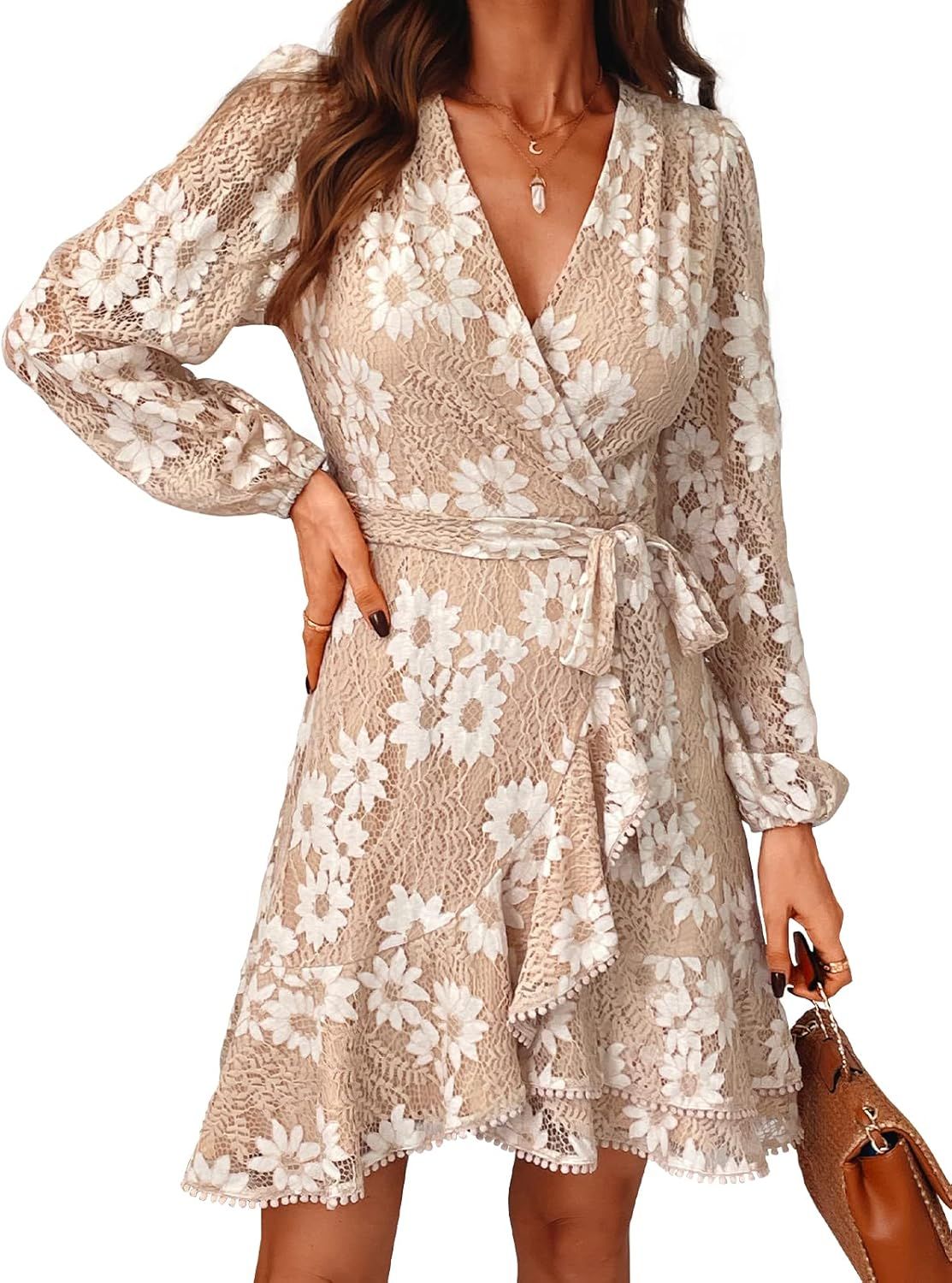 CUPSHE Women's Belted Tassel Bubble Sleeve Dress Winter Long Sleeve Floral Wrap Dresses | Amazon (US)