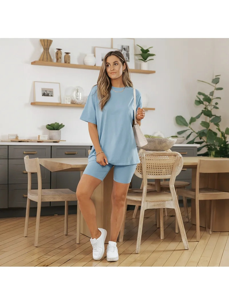 SUNBS 2 Piece Outfit for Women Lounge Sets Oversized Tshirts Matching Biker Short Summer Clothing... | Walmart (US)