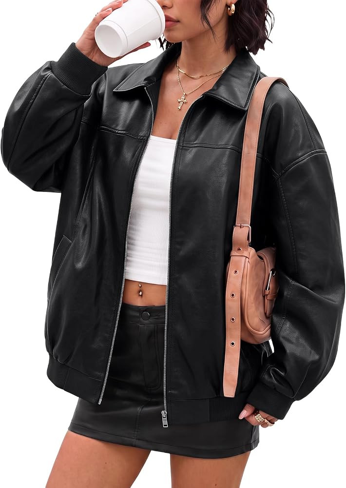 AUTOMET Womens Leather Jackets Oversized Zip Up Faux Bomber Coats 2026 | Amazon (US)