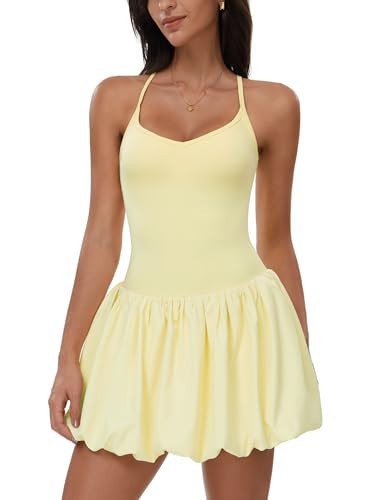 ABOCIW Tennis Dresses for Women with Built-in Bra and Shorts Spaghetti Strap Bubble Athletic Dress Mini Puffy Skirt Workout Golf Sporty with Pocket Spaghetti Strap Lemon Yellow Medium | Amazon (US)