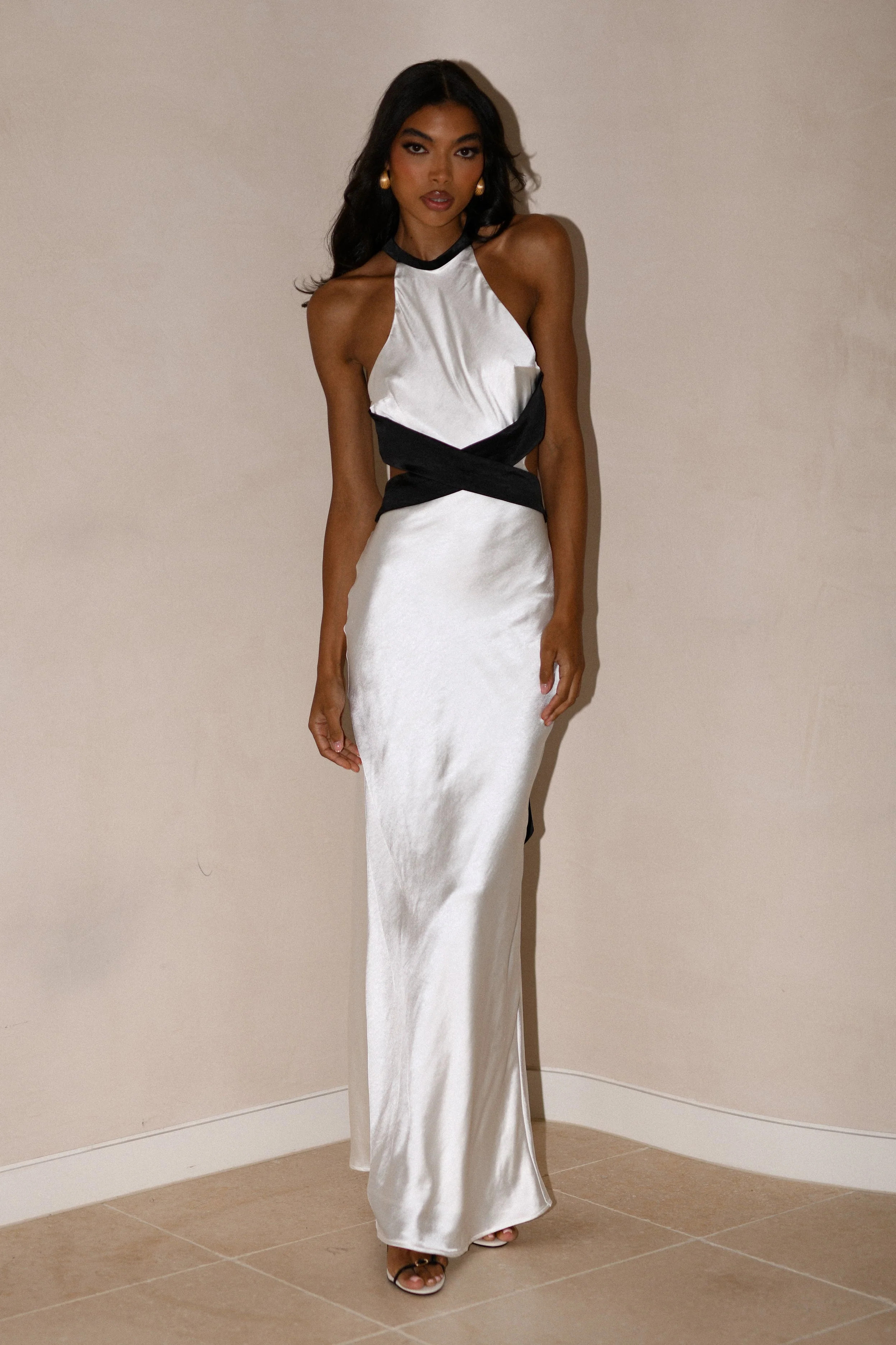Nalani Satin Halter Maxi Dress - Black/White | MESHKI US