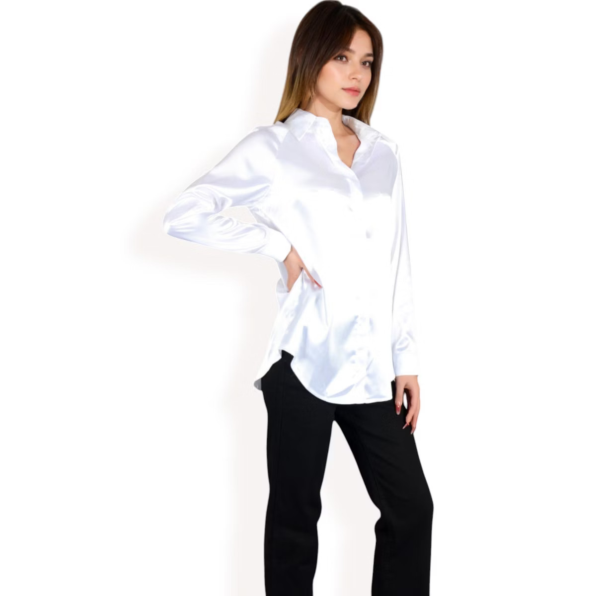 Anna-Kaci Women's Satin Button-Up Blouse with Collared Neck and Long Sleeves - Medium, White | Target
