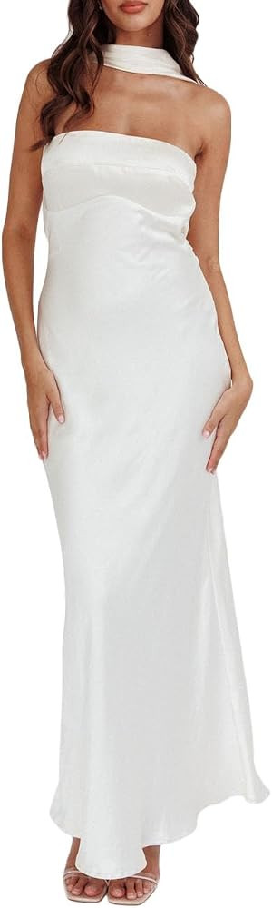 Women's Summer Satin Strapless Tube Top Maxi Dress Elegant Silk Backless Halter Neck Formal Party... | Amazon (US)