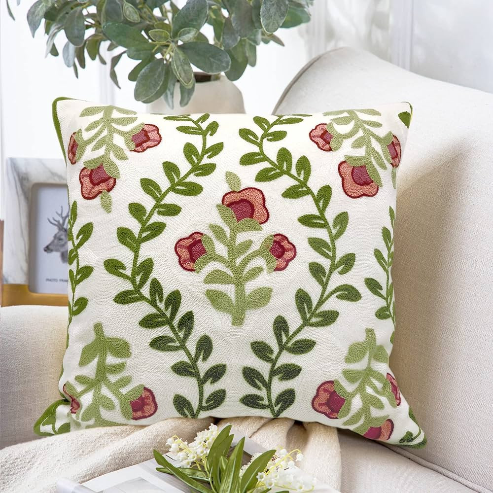 Alysheer Flower Embroidered Farmhouse Decorative Throw Pillow Cover 18"x 18", Cottage Floral Gree... | Amazon (US)