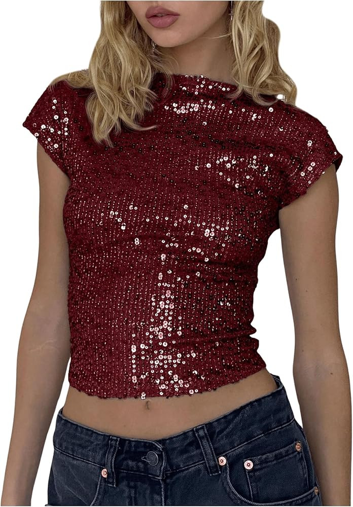 WDIRARA Women's Sequin Boat Neck Shirts Sparkle Glitter Backless Tee Cap Sleeve Crop Tops | Amazon (US)