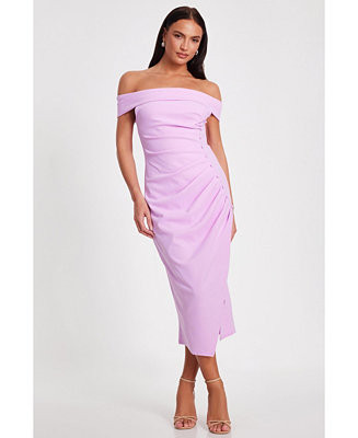 QUIZ Women's Scuba Crepe Bardot Midi Dress With Button Detail - Macy's | Macy's