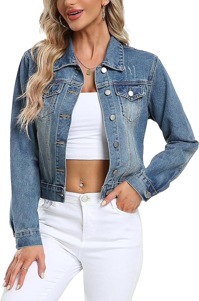 andy & natalie Women's Denim Jackets Cropped Jean Jacket Long Sleeve Basic Button Down Crop Jean ... | Amazon (US)