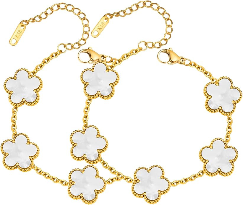 Women Gold Bracelets Jewelry Set - 3Pcs 18K Gold Plated Floral Bracelet,Stainless Steel Charm Bra... | Amazon (US)