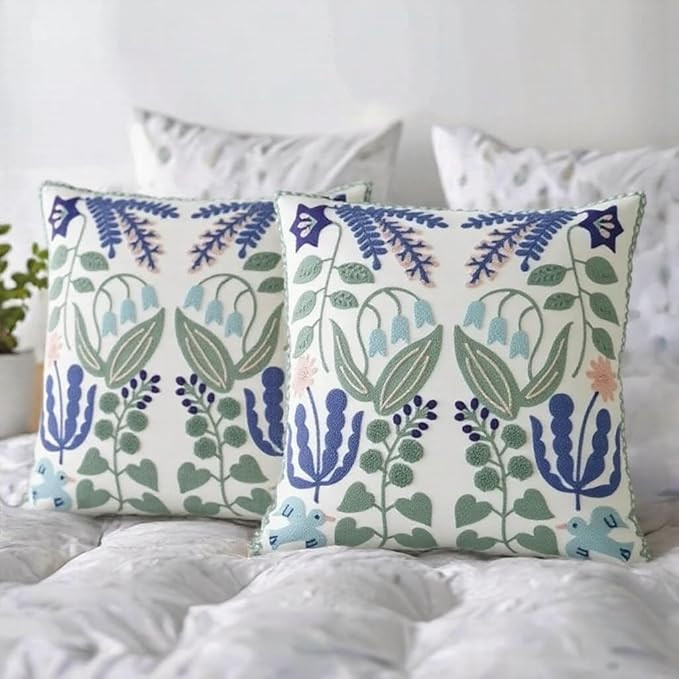 Embroidered Pillow Covers 18x18 Set of 2 Sage Blue and Green Floral Throw Pillow Covers Decorativ... | Amazon (US)