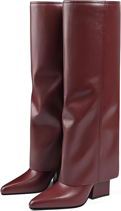 Vaslemuse Knee High Boots for Women Fold Over Pointed Toe Shark Tall Boots Block Low Heel Long Bo... | Amazon (US)