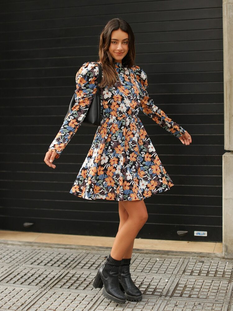SHEIN Mock-Neck Leg-of-mutton Sleeve Floral Dress | SHEIN