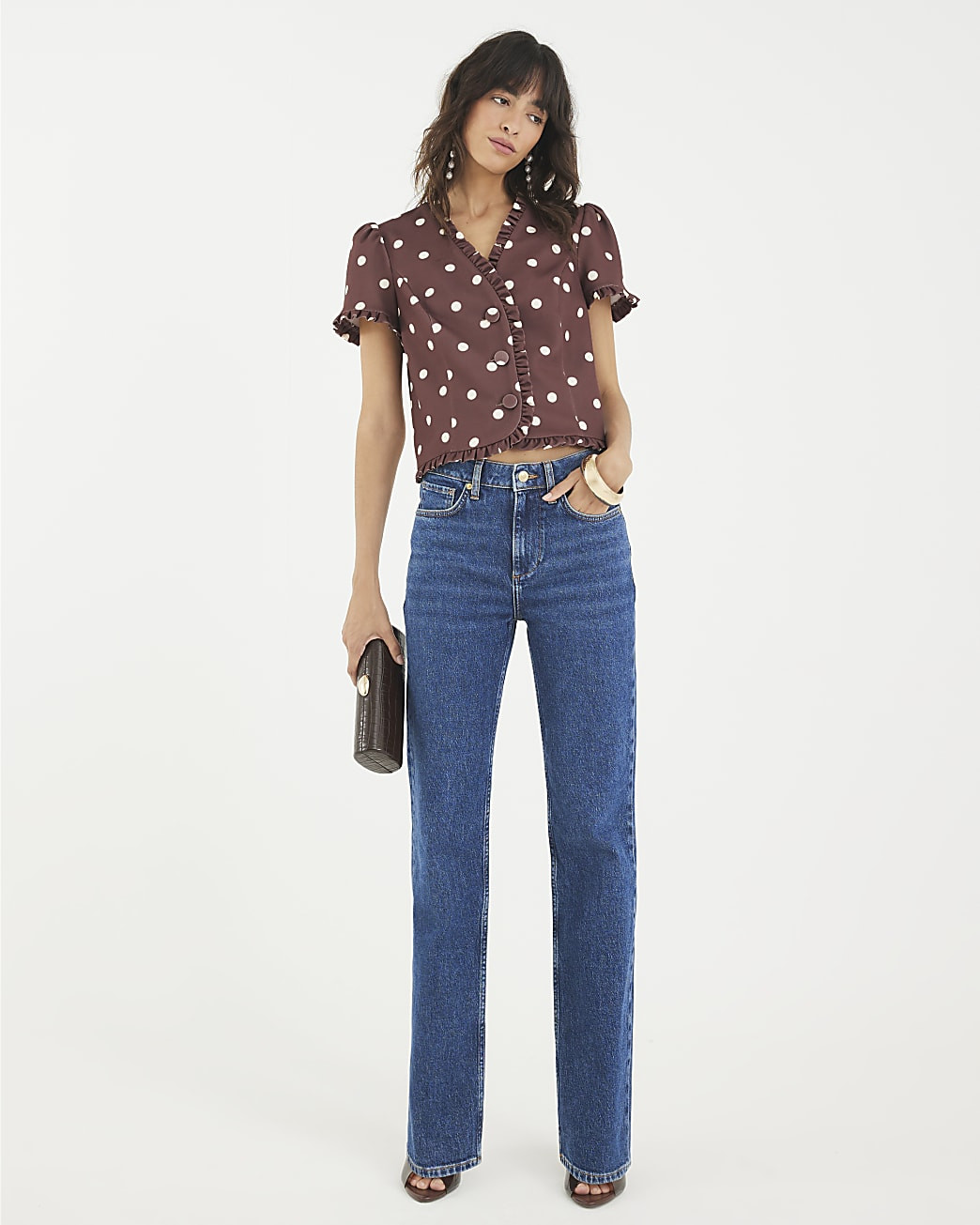 Brown Polka Dot Frill Trim Tailored Top | River Island UK & IE