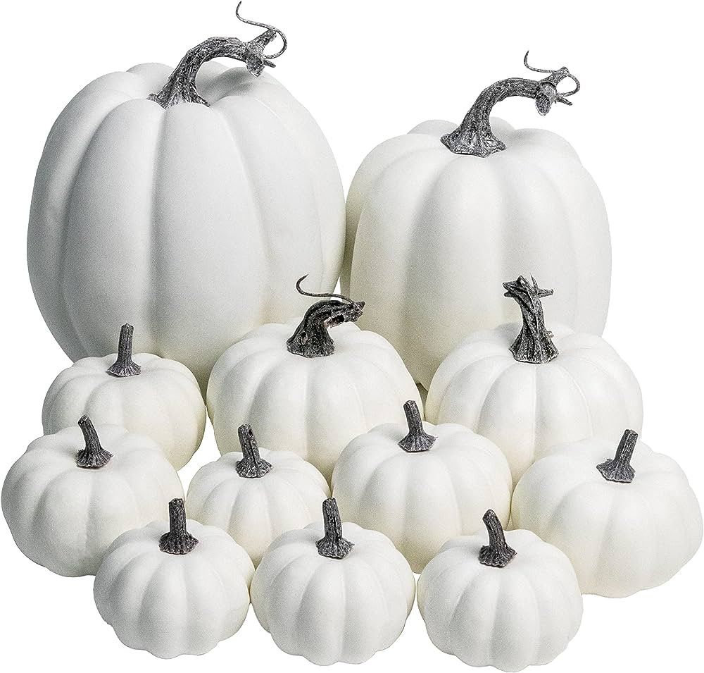 WangLaap 12 Pcs Assorted White Fall Porch Decor Set Fake Paintable Pumpkins Bulk Decoration fo... | Amazon (US)