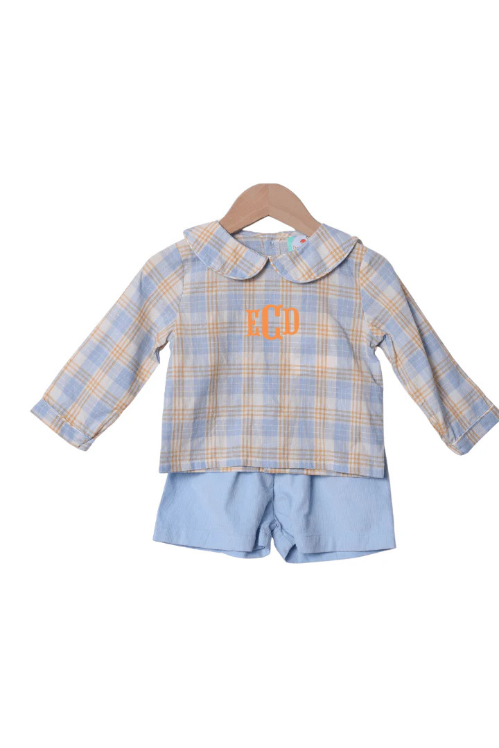 Blue Plaid Corduroy Short Set | The Smocked Flamingo
