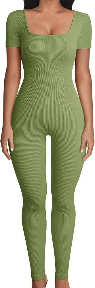 OQQ Women Yoga Jumpsuits Workout Ribbed Short Sleeve Square Neck Sport Jumpsuits | Amazon (US)