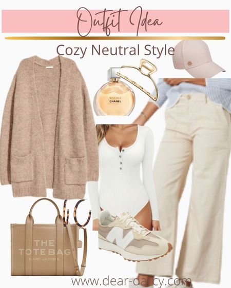 Outfit inspiration 
Cozy neutral Winter style 

Scru wide leg crop denim
Mid length cardigan 
Marc Jacob the tote  large 
Chanel perfume 
Cream ball cap 
Hoop earrings 
Gold hair clip 
White thermal bodysuit 
New balance tennis shoes 

#LTKMostLoved 

#LTKworkwear #LTKstyletip