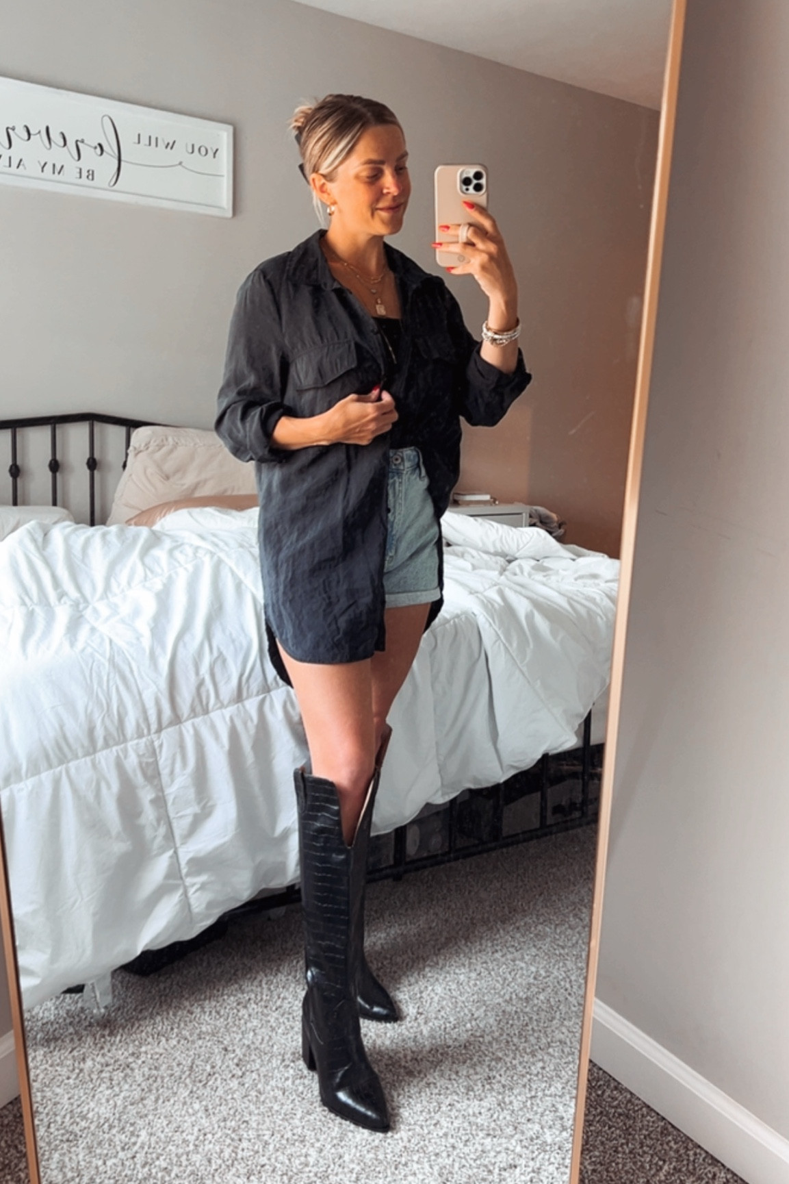 Oversized button up ,, gold jewelry ,, knee high black boots ,, elevated basics 

#LTKFindsUnder100 #LTKStyleTip